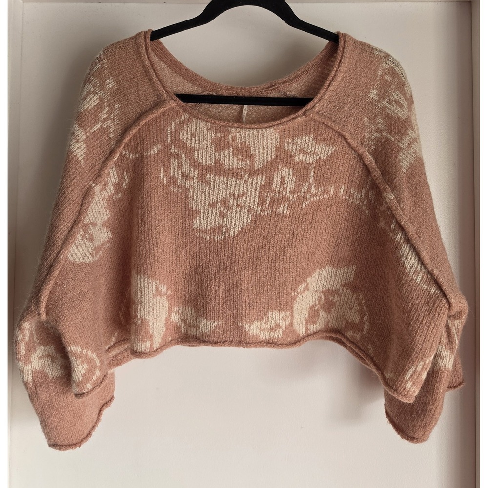 Free People Sweater Size S Pink Cream Floral Scoop Neck 3/4 Sleeve Pullover
